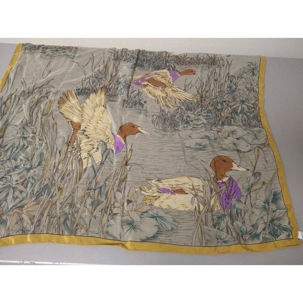 Vintage FILENE'S Ducks Flying Water TANS PURPLE 100% Silk Square Scarf ITALY